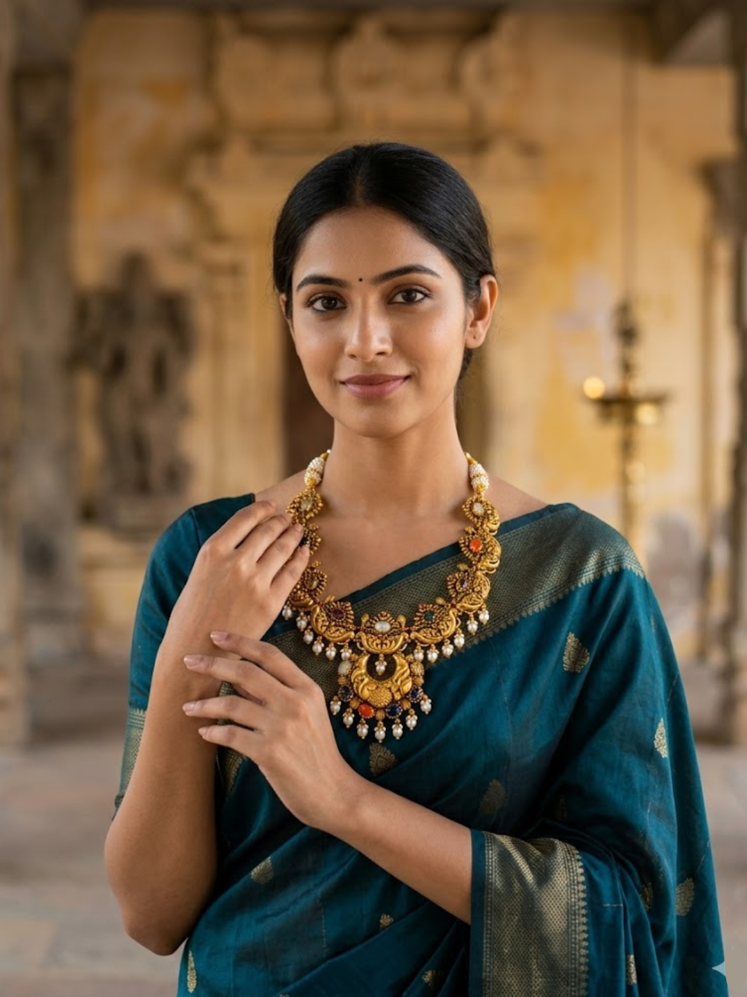 Navratna Peacock Temple Gold Necklace with Pearl Drops – Royal Bridal Heritage Jewellery